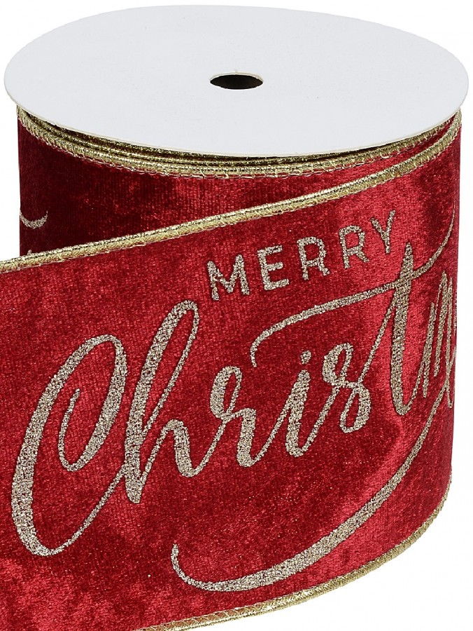 Large Red Velvet With Gold Merry Christmas Wide Cut Craft Ribbon - 10m