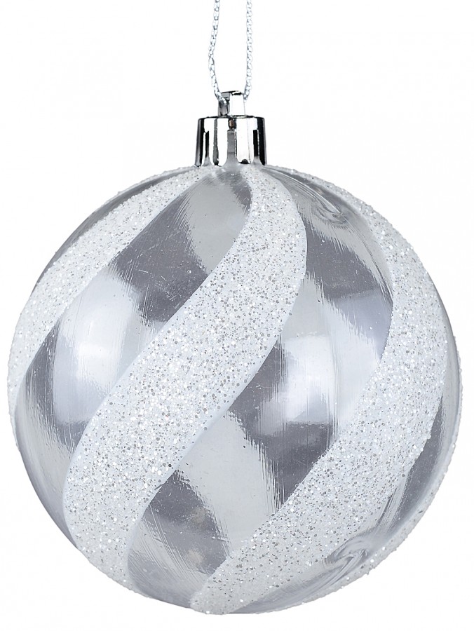 80mm White With Glitter & Clear Candy Swirl Christmas Ball Bauble