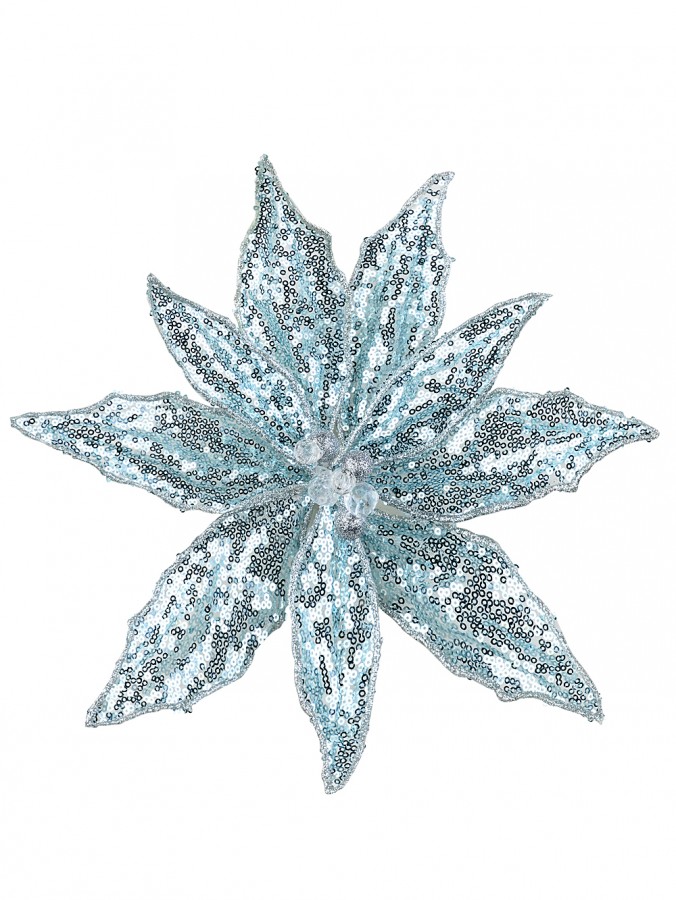 30cm Light Blue Sequins On Mesh Poinsettia Flower Christmas Tree Clip Pick