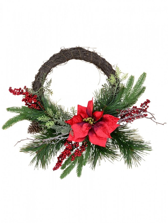 Decorated Wire Spun Wreath With Berries, Mixed Foliage & Poinsettia - 50cm