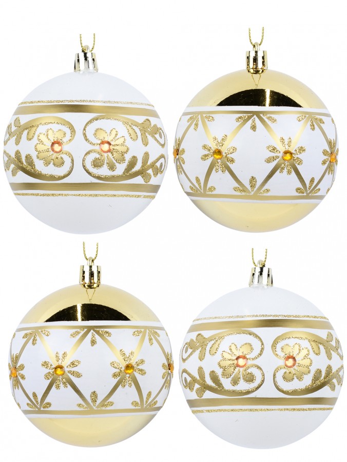 White Baubles With Shiny Gold Filigree & Teardrops In Diamonds - 4 x 80mm