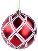 Red & White Christmas Baubles With Glitter Line Diamond Patterns - 2 x 10cm