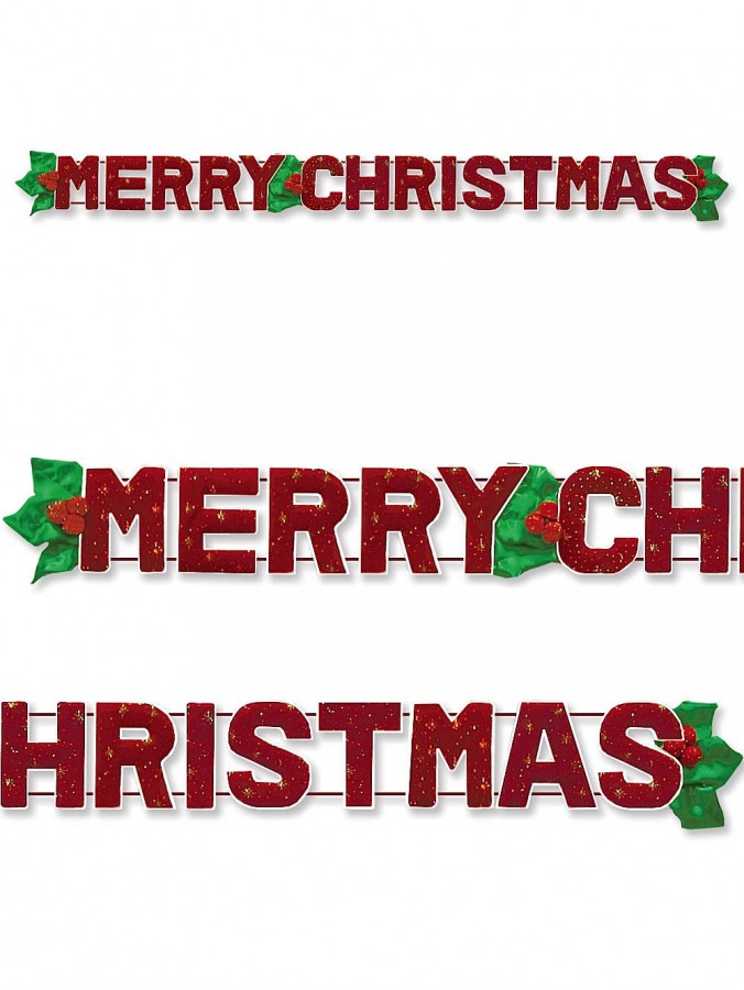 Merry Christmas & Holly Banner With Glitter - 1.3m