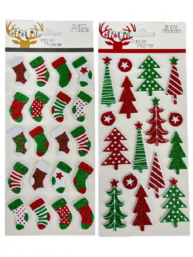 Assorted Stockings Or Christmas Trees & Baubles Glittered Foil Stickers