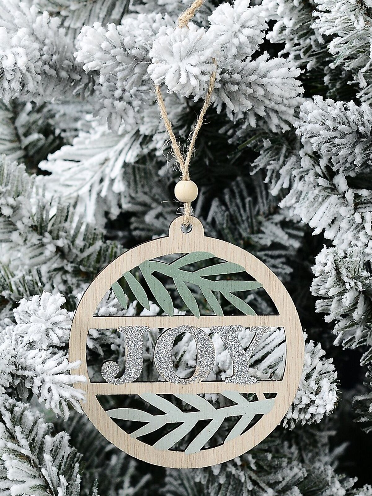 10cm Wood JOY & Pine Medallion Shape Christmas Tree Ornament — image 2