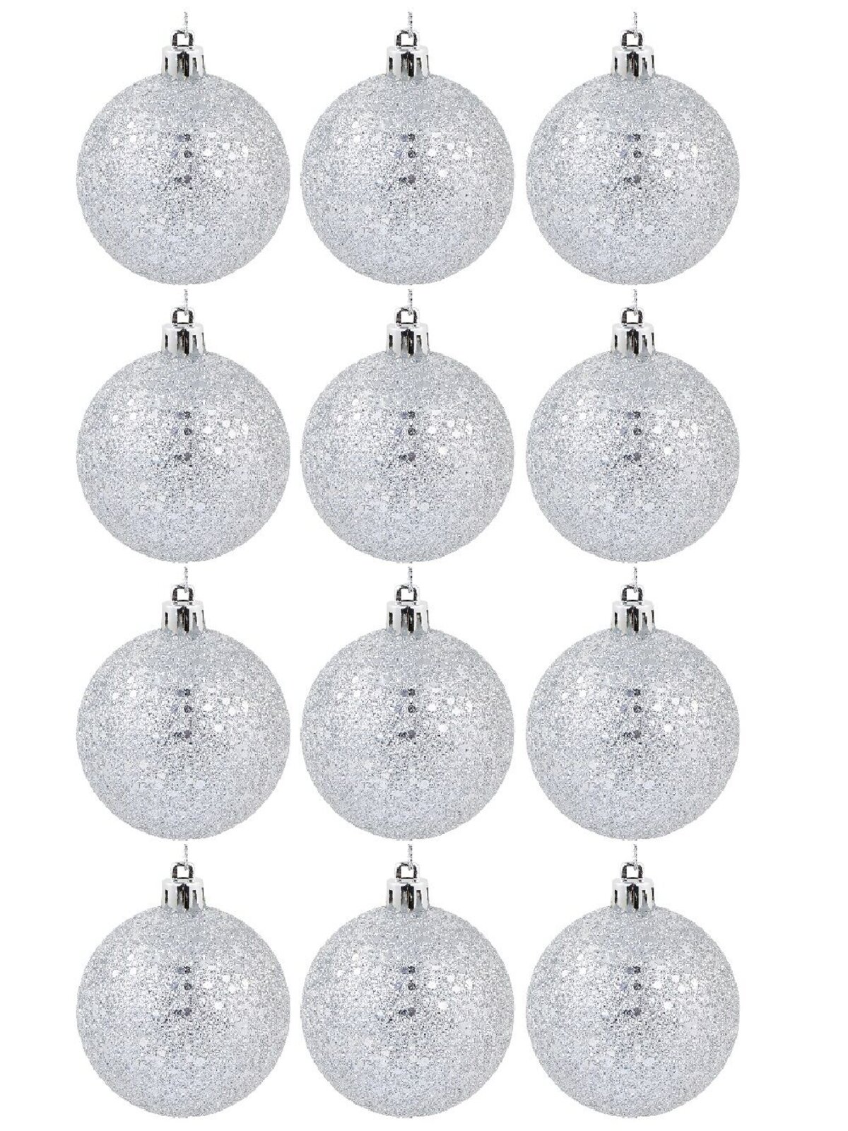 12 x 60mm Silver Metallic Sequins & Glitter Coated Christmas Baubles — image 2