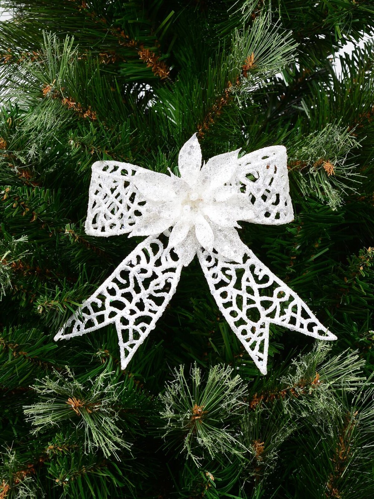 Iridescent Mesh Poinsettia Flower & Ribbon Christmas Bow Clip Pick | 13cm — image 2