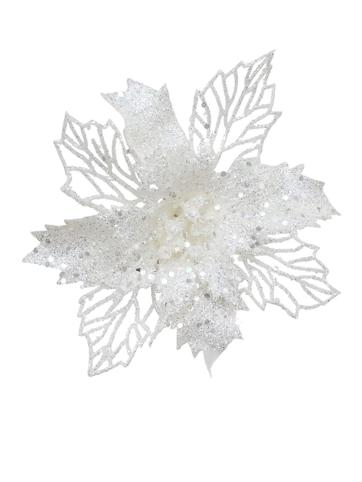 White Iridescent Glitter Poinsettia Bract & Leaf Christmas Clip Pick | 18cm — image 3