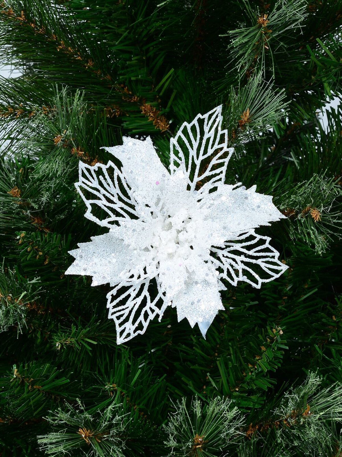 White Iridescent Glitter Poinsettia Bract & Leaf Christmas Clip Pick | 18cm — image 2