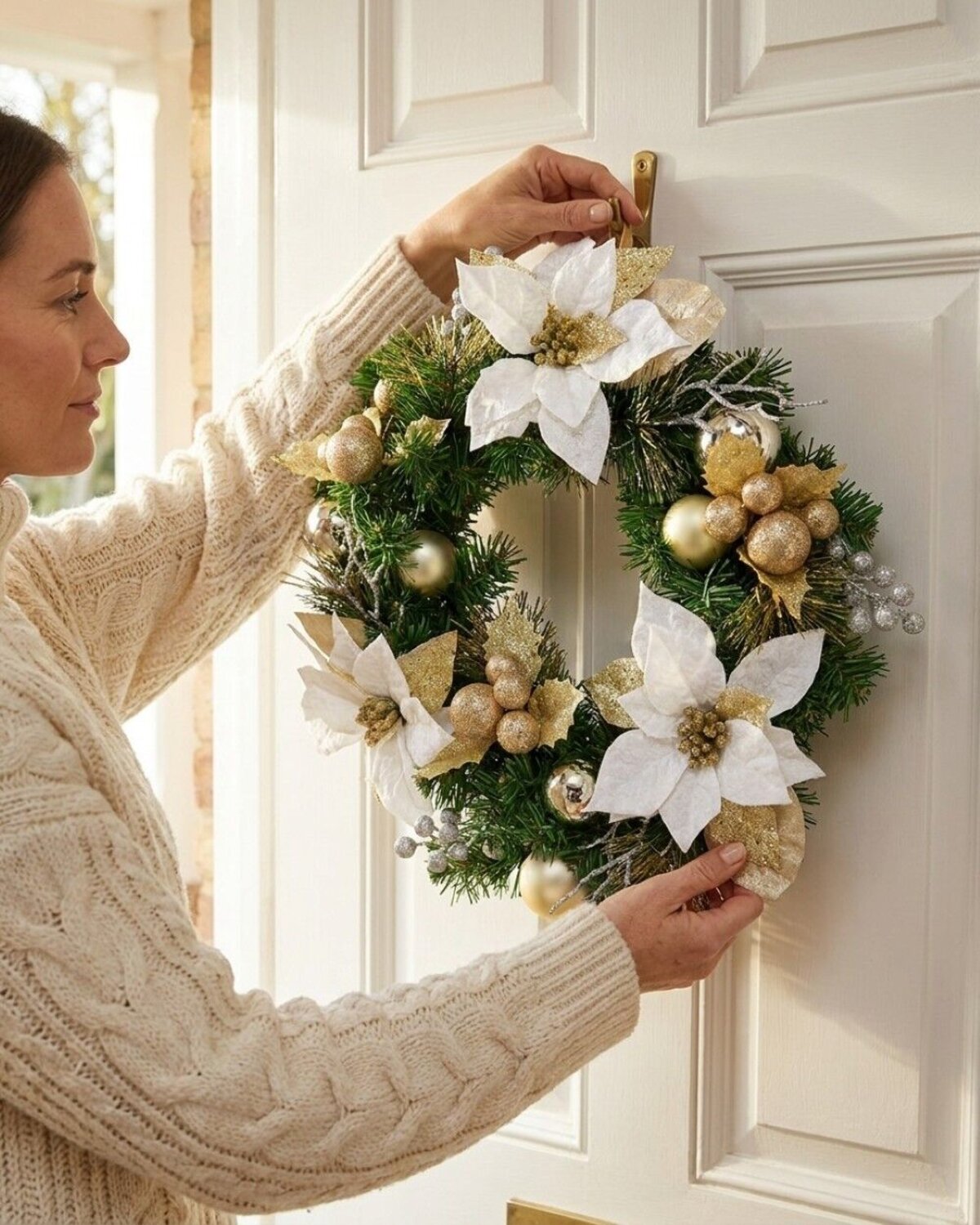 45cm Christmas Wreath With White Poinsettia, Mistletoe, Berries & Gold Baubles — image 3