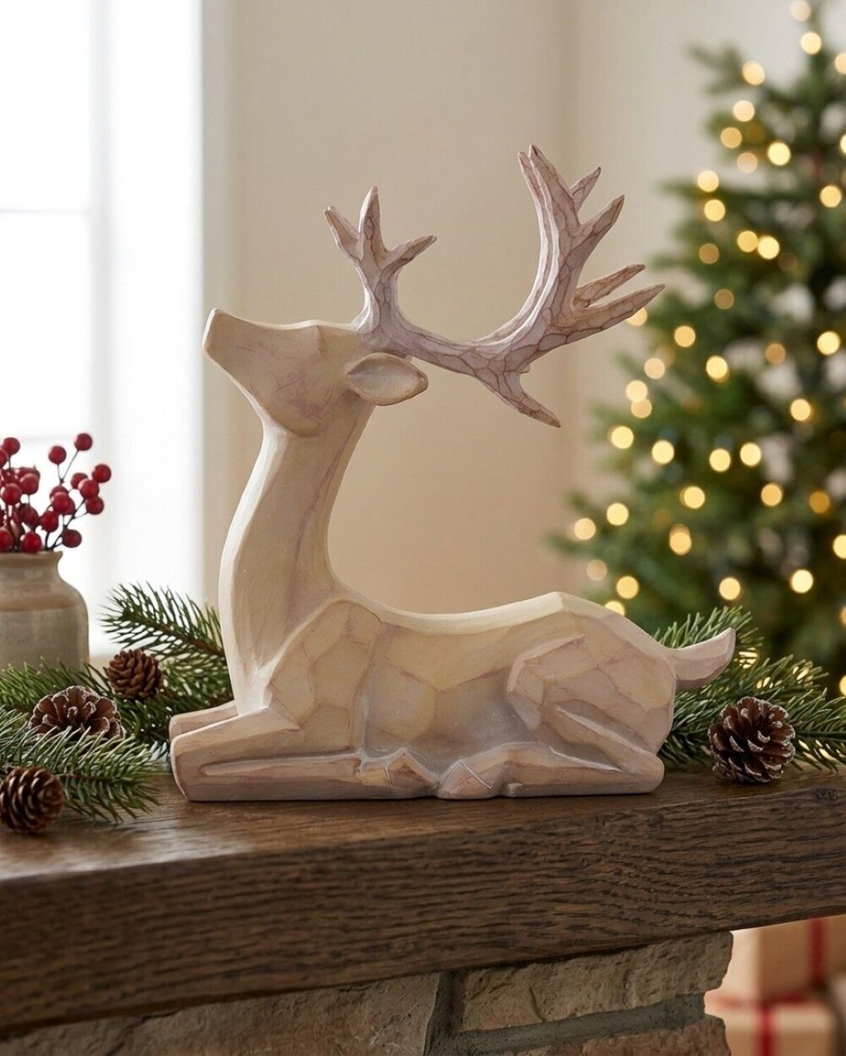 21cm Carved Wood Style Sitting Reindeer Resin Figurine — image 4