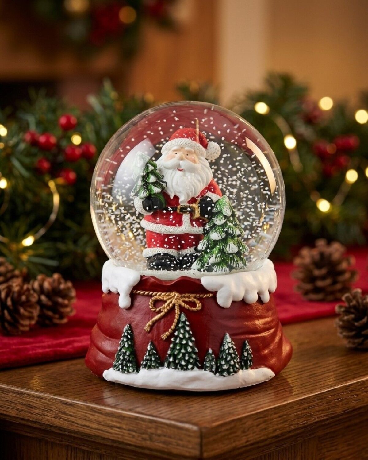 Santa & Pine Trees Wind Up Musical Waterball Snow Globe | 10cm — image 2
