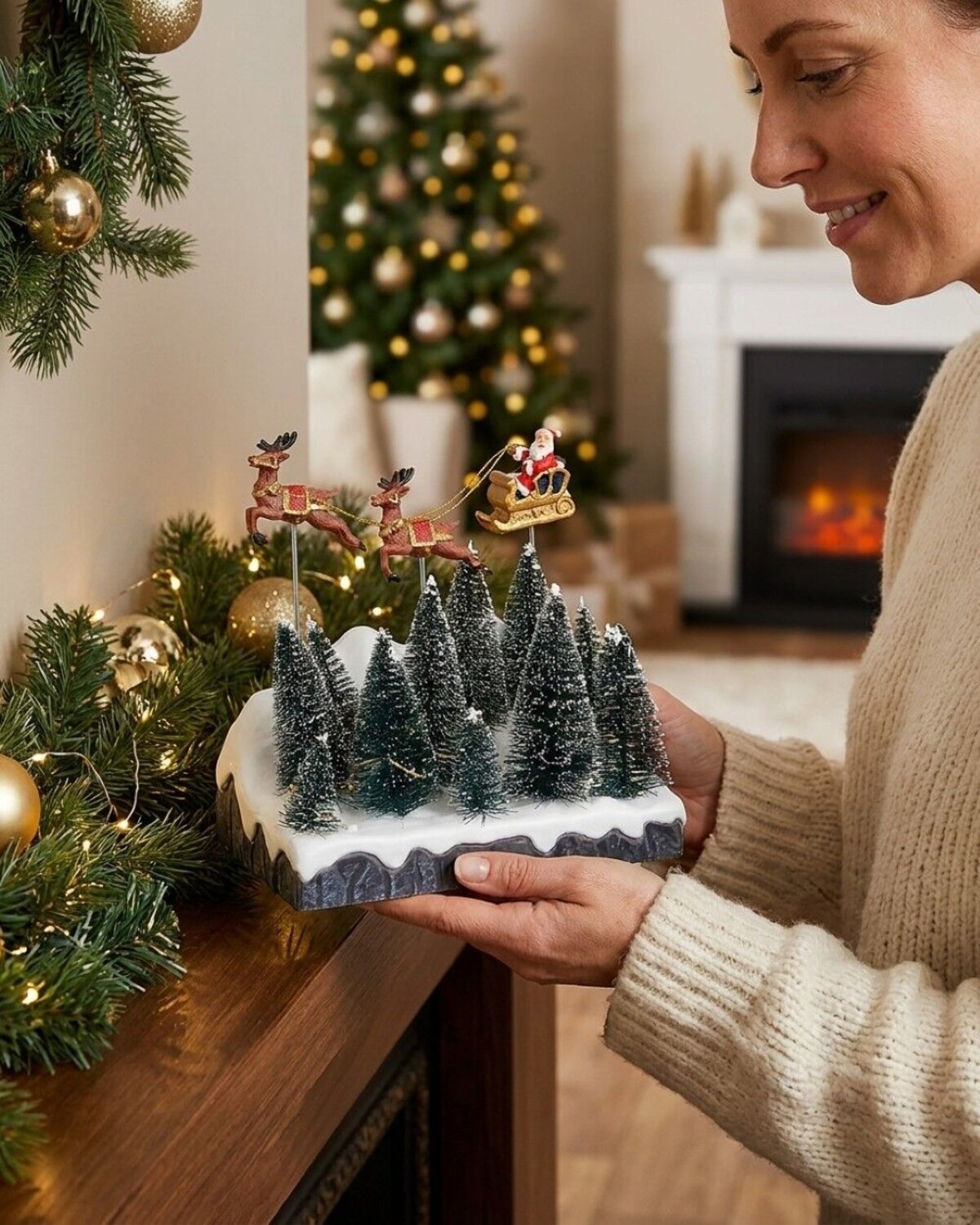 Animated Flying Santa Sleigh Over Snowy Forest With LED Lights | 21cm — image 3