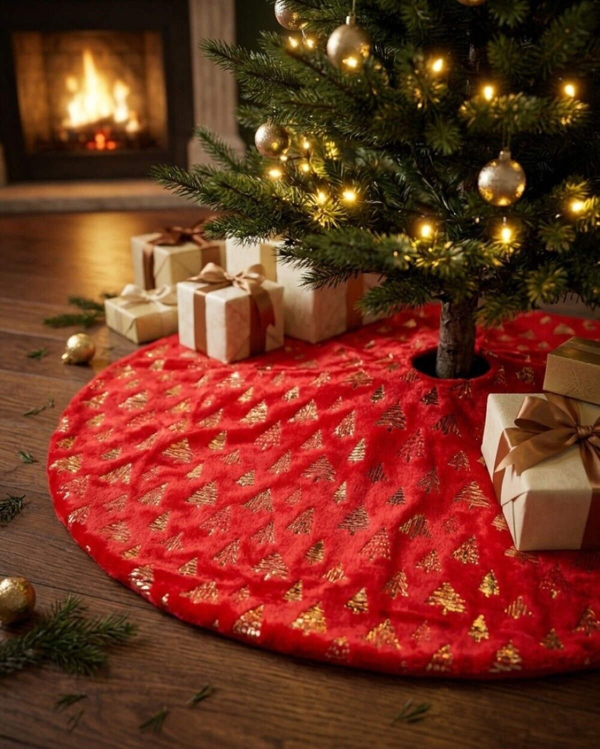1m Red Plush Faux Fur & Gold Foil Trees Christmas Tree Skirt — image 2