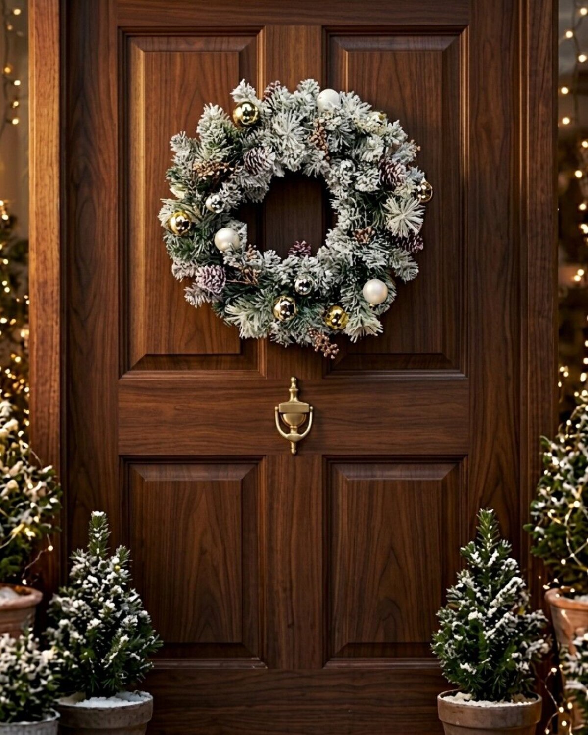 60cm Decorated Flocked Pine & Spruce Wreath | Gold, Silver & White Baubles — image 2
