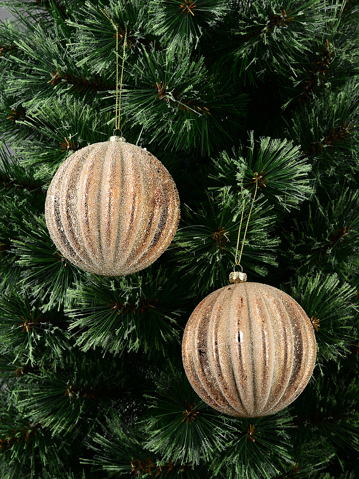 2x Dynamic Rose Gold Signature Ridge Textured & Glitter Baubles | 10cm