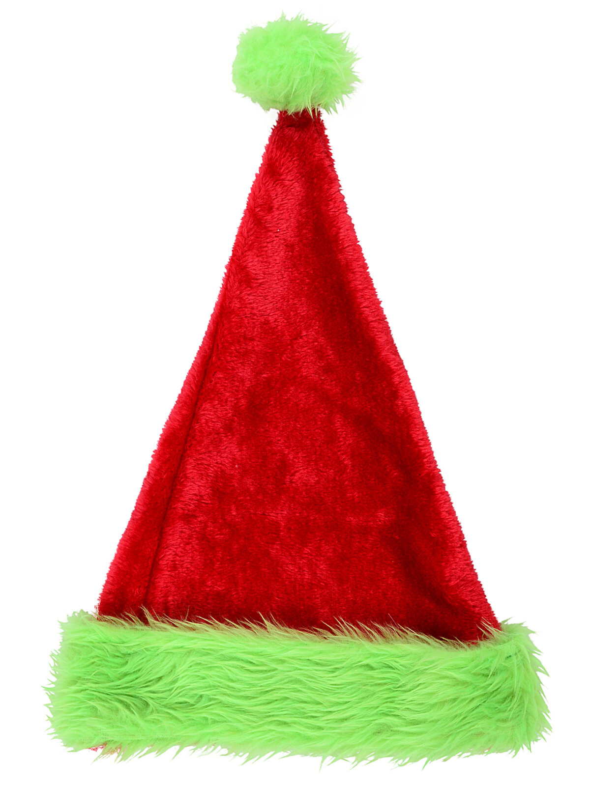 Plush Red Grinch Santa Hat With Green Faux Fur Trim | One Size Fits Most
