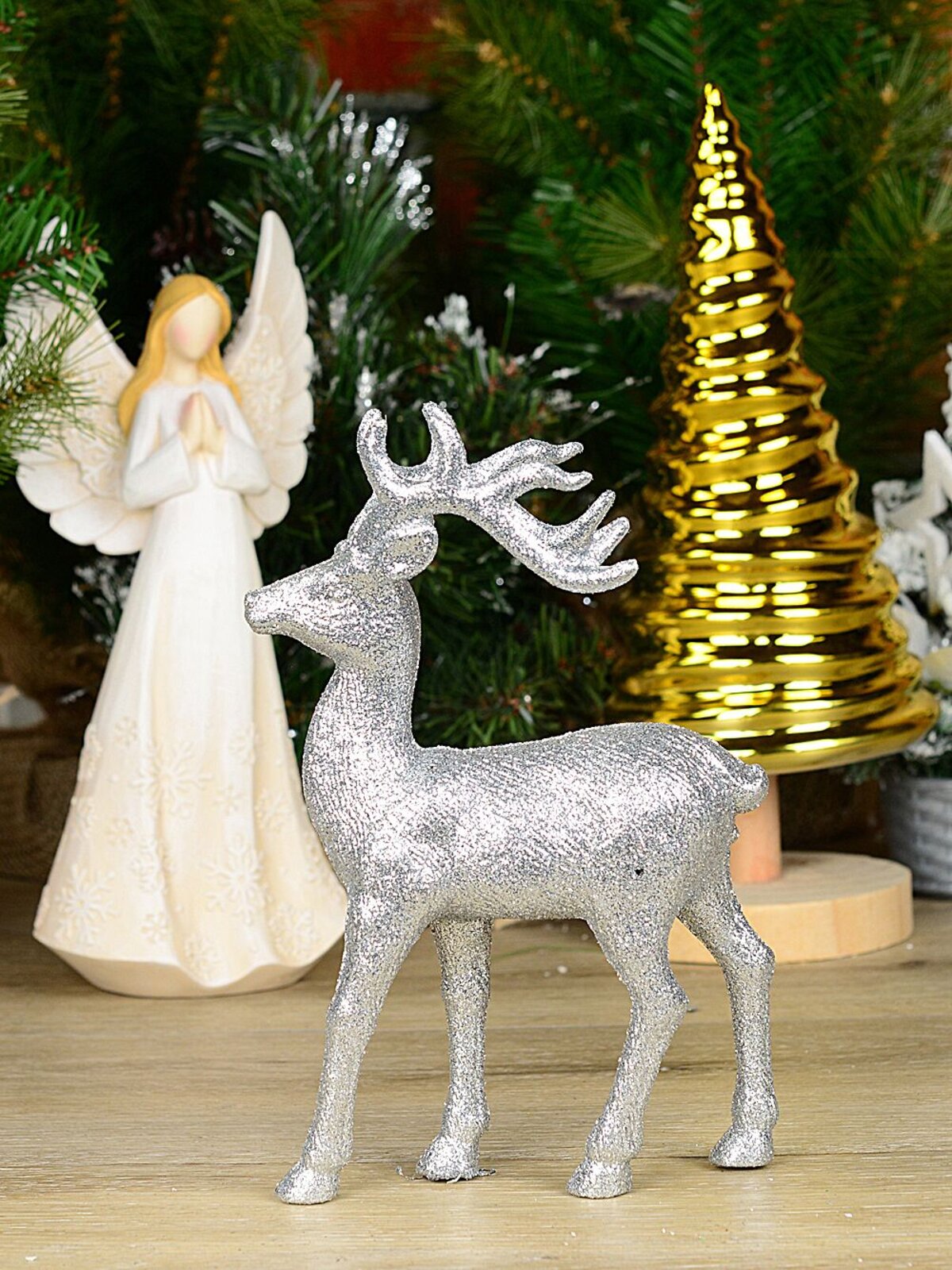 22cm Silver Metallic Glitter Standing Reindeer Ornament — image 2