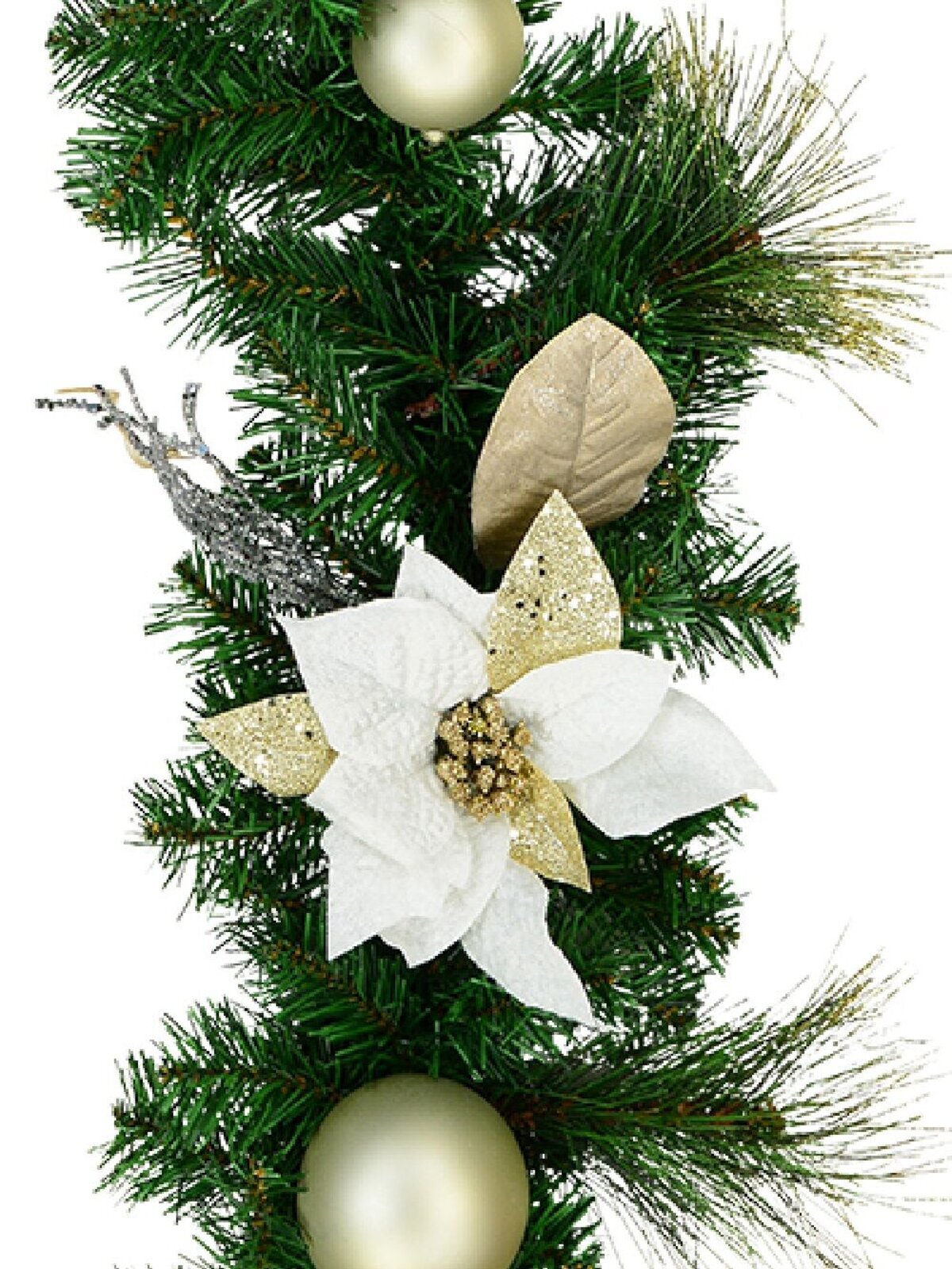 2.3m White Poinsettia and Mistletoe Christmas Garland | Gold & Silver Baubles — image 4