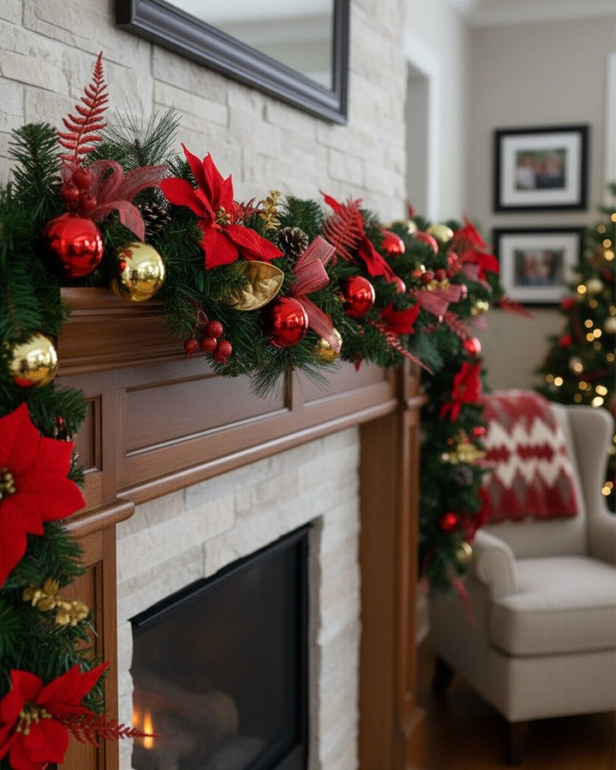 2.7m Decorated Red & Gold Poinsettia Christmas Garland | Baubles & Mesh Bows — image 2