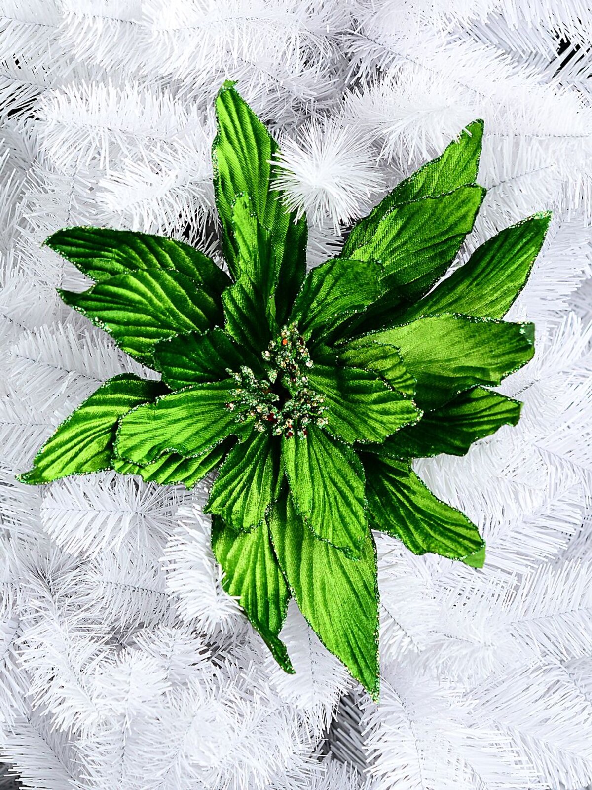Green Velour Poinsettia With Glitter Christmas Tree Clip Pick | 35cm — image 2