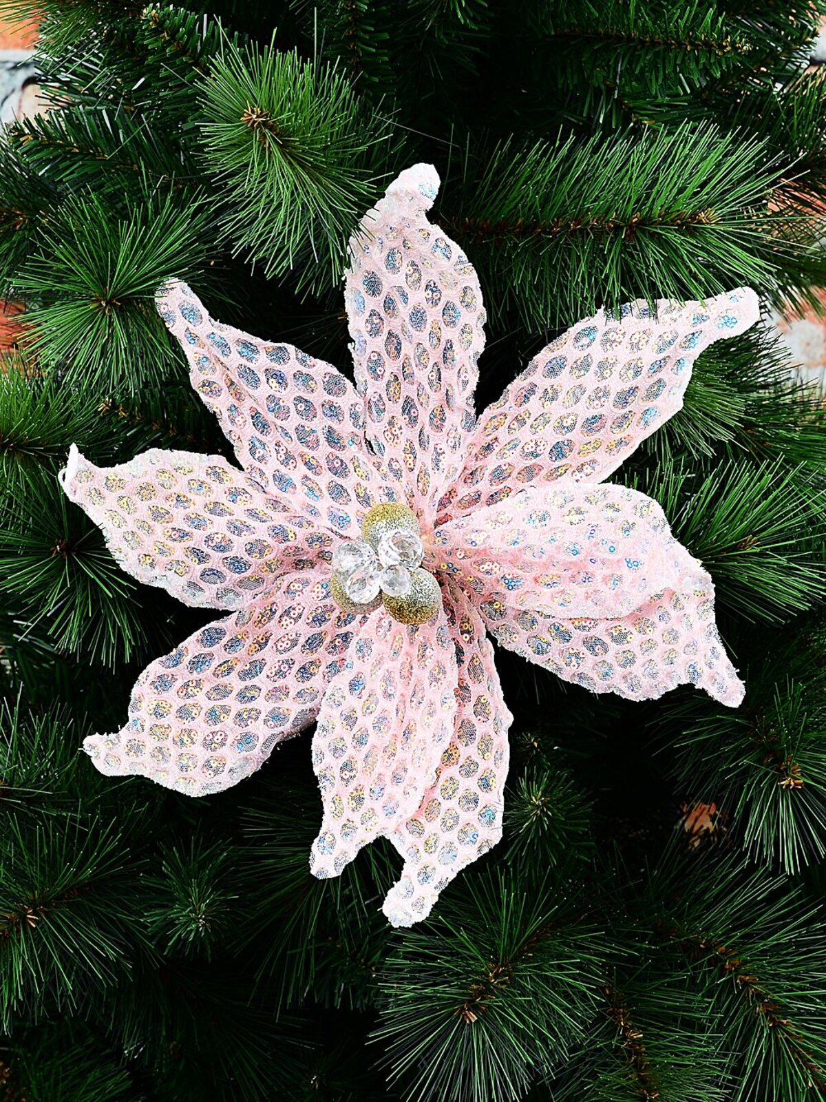Light Pink Honeycomb Mesh & Sequin Poinsettia Christmas Tree Clip Pick | 36cm — image 2