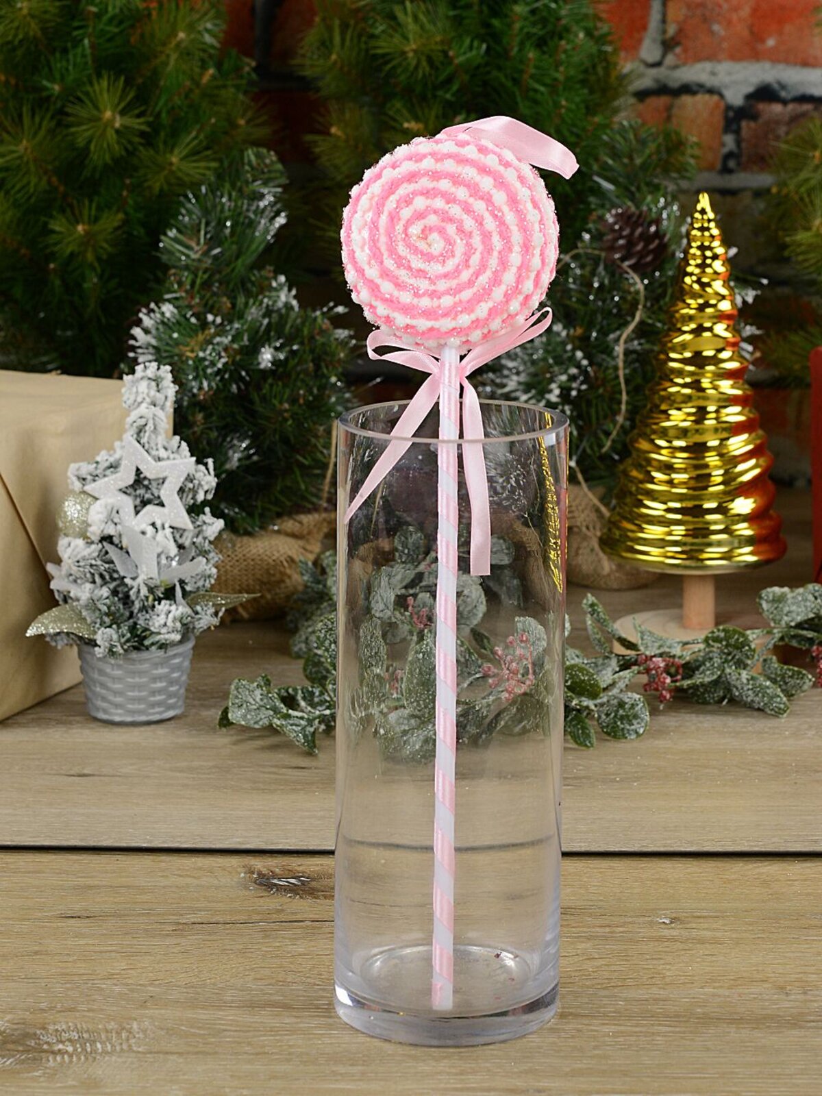 Pink & White Lollipop Swirl With Satin Bow Long Christmas Stem | 38cm — image 2