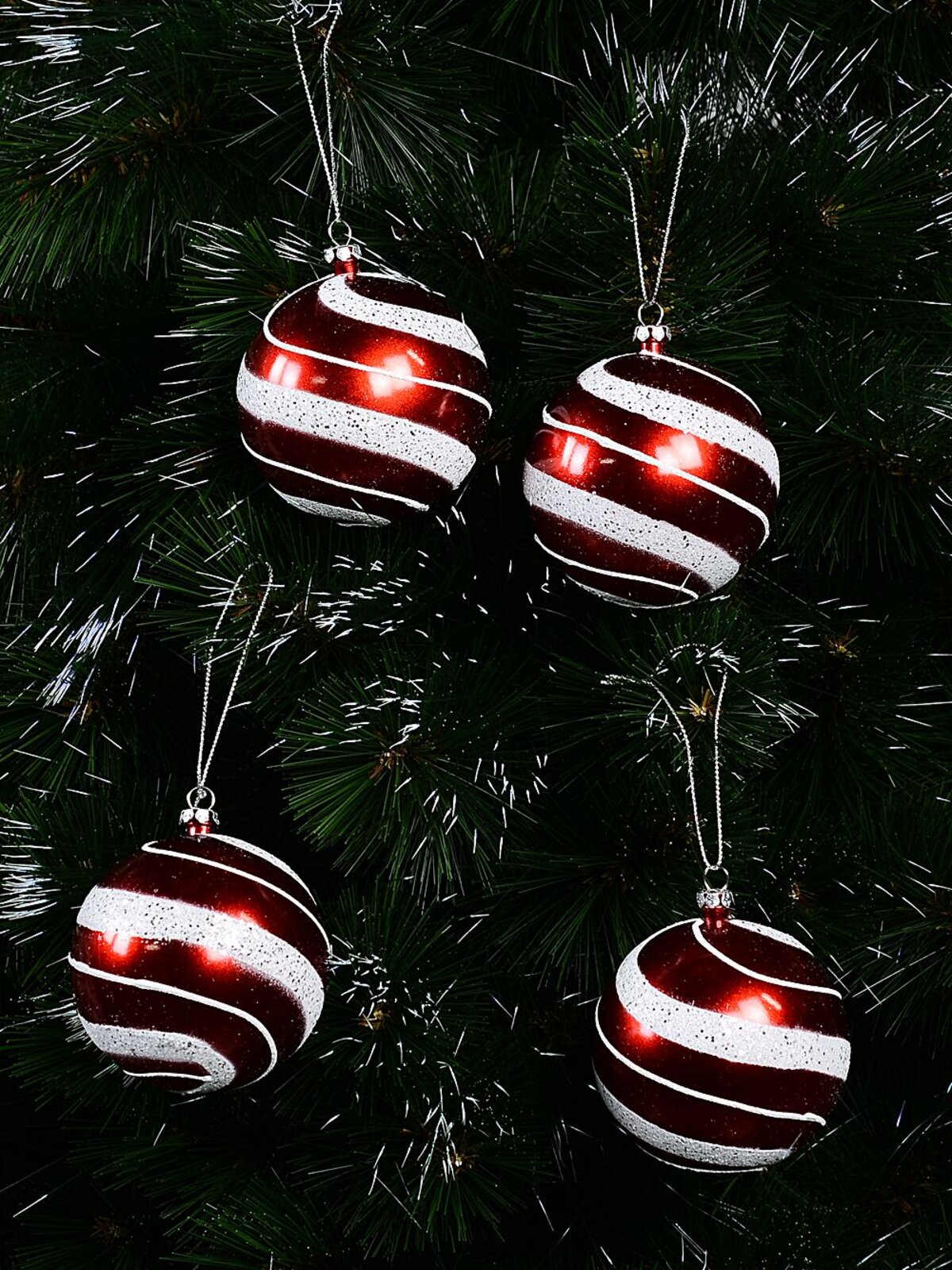 4 x 80mm Candy Apple Red Baubles With Silver Glitter White Swirl Pattern — image 2