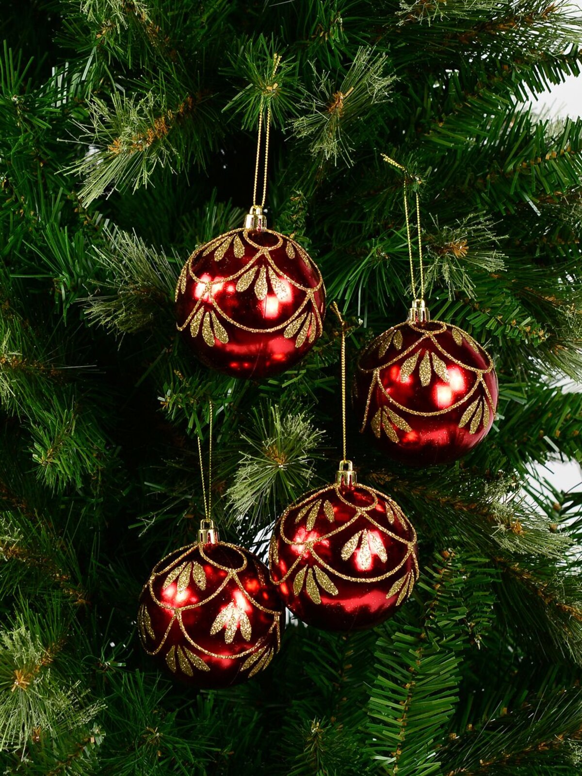 4x 80mm Metallic Red Christmas Baubles With Gold Glitter Ornate Design — image 2
