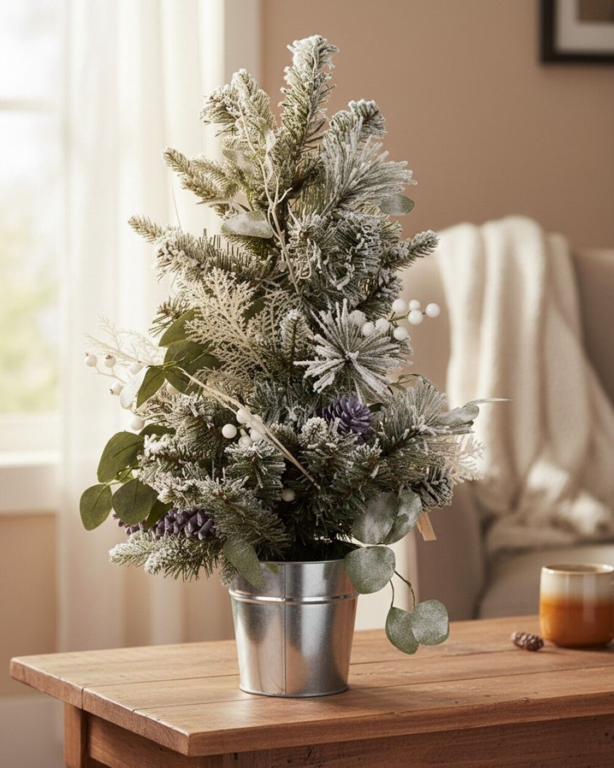 66cm Flocked Foliage Bouquet Tabletop Tree | 70 Tips & Silver Tin Pot — image 3