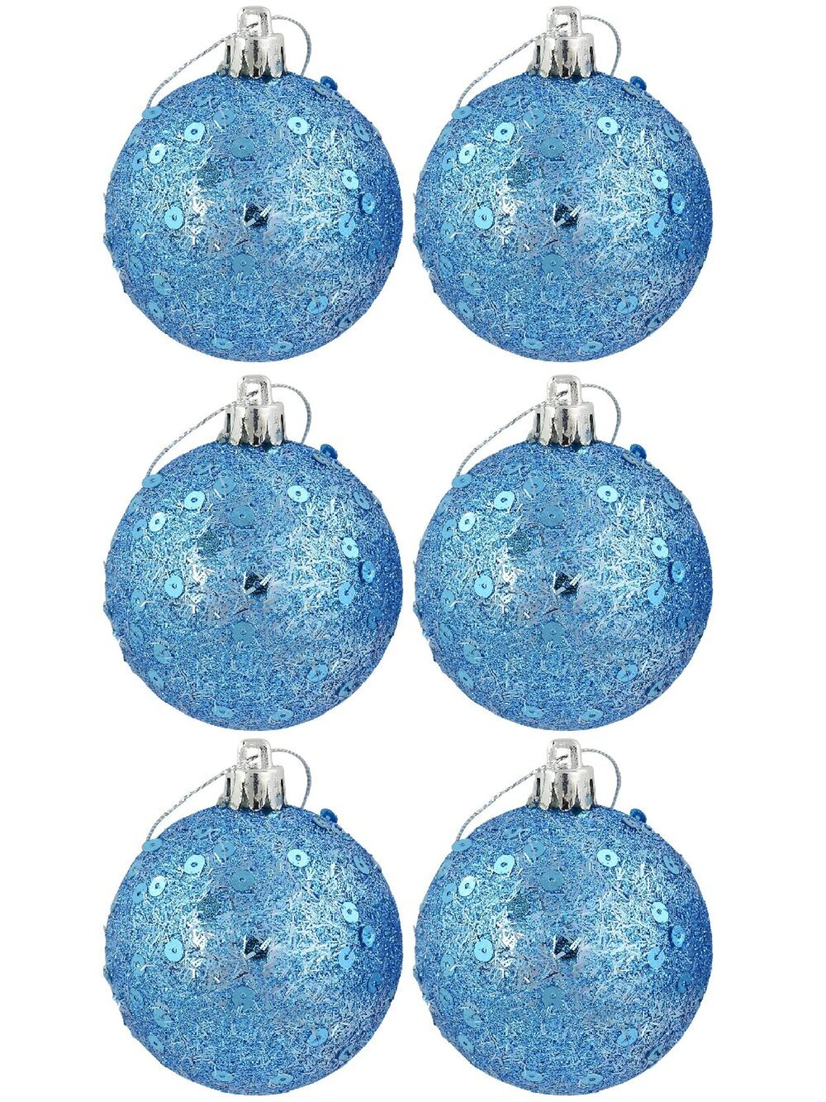 6x 60mm Turquoise Glitter & Sequin Christmas Baubles — image 2