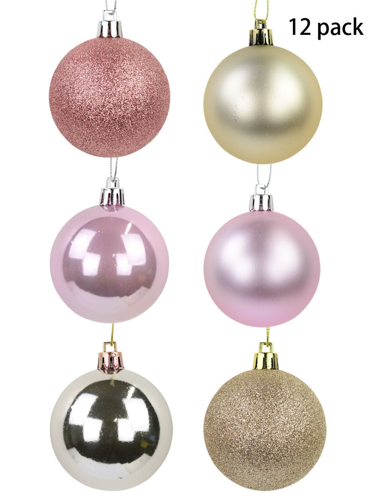 Blush Pink & Champagne Gloss, Matte & Glitter Baubles - 12 x 60mm  — image 2