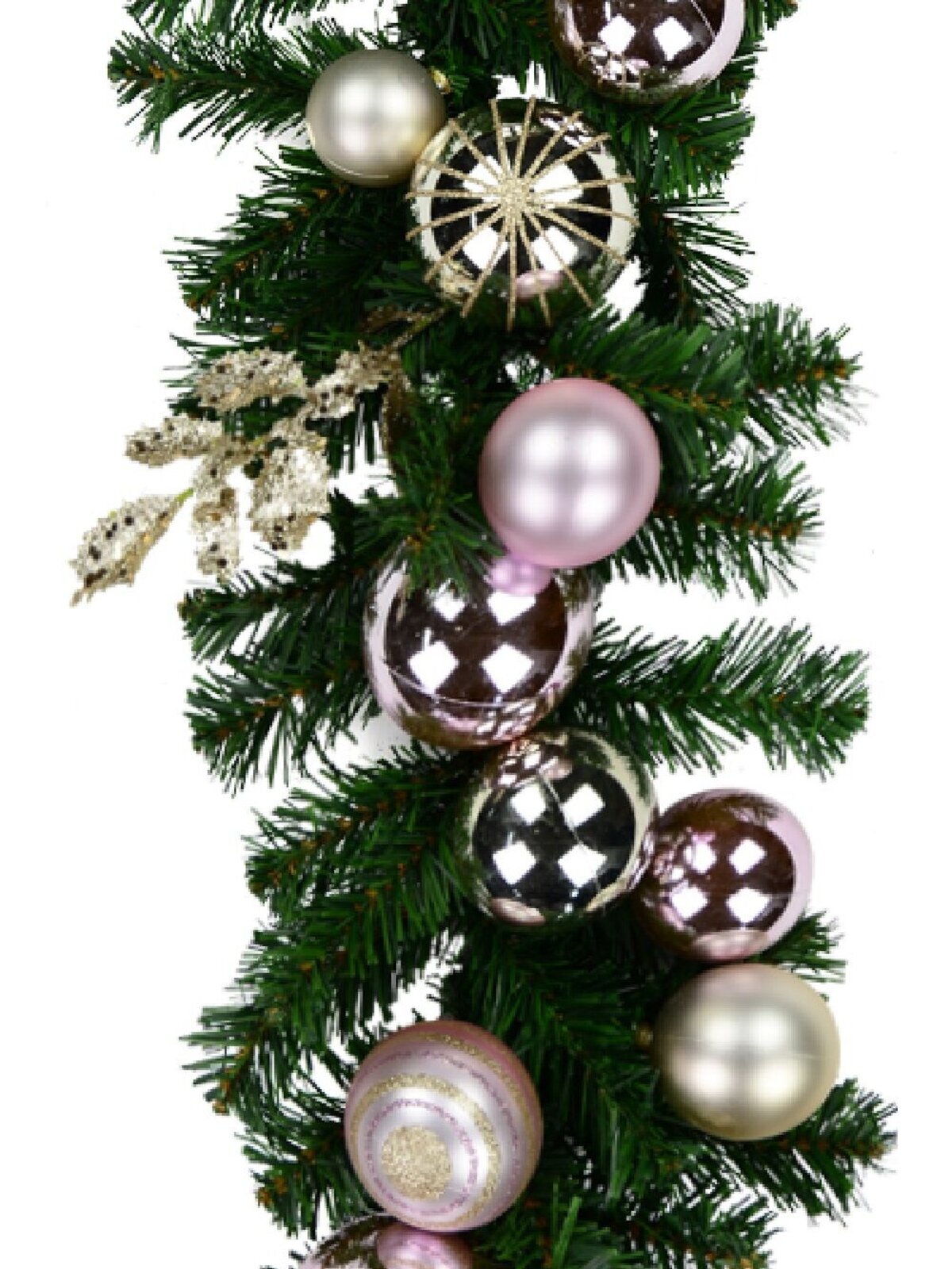 Champagne & Pink Bauble Decorated Garland With Ribbon - 2.7m