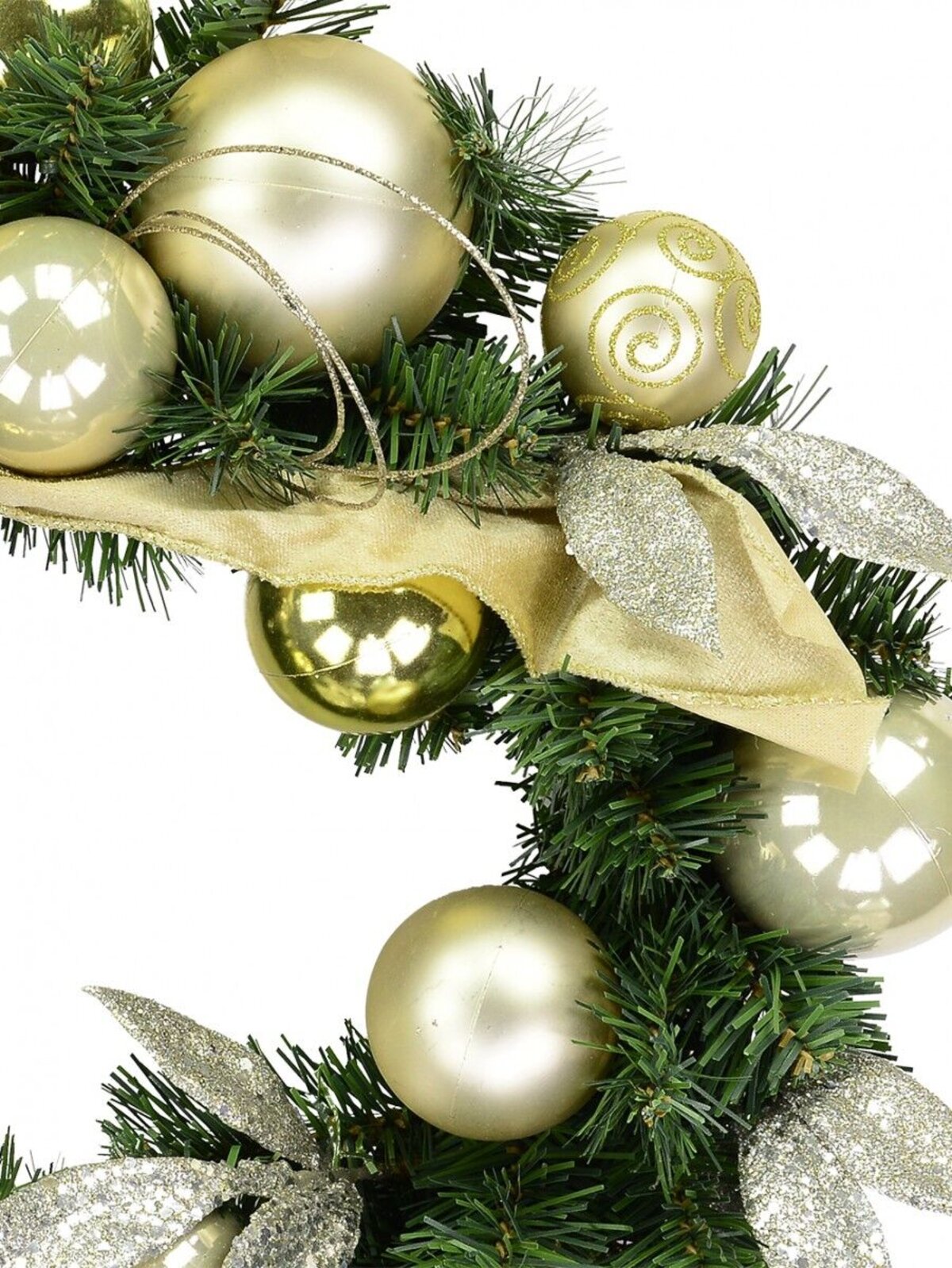 Decorated Gold & Champagne Bauble, Leaf & Ribbon Bow Pine Wreath - 45cm