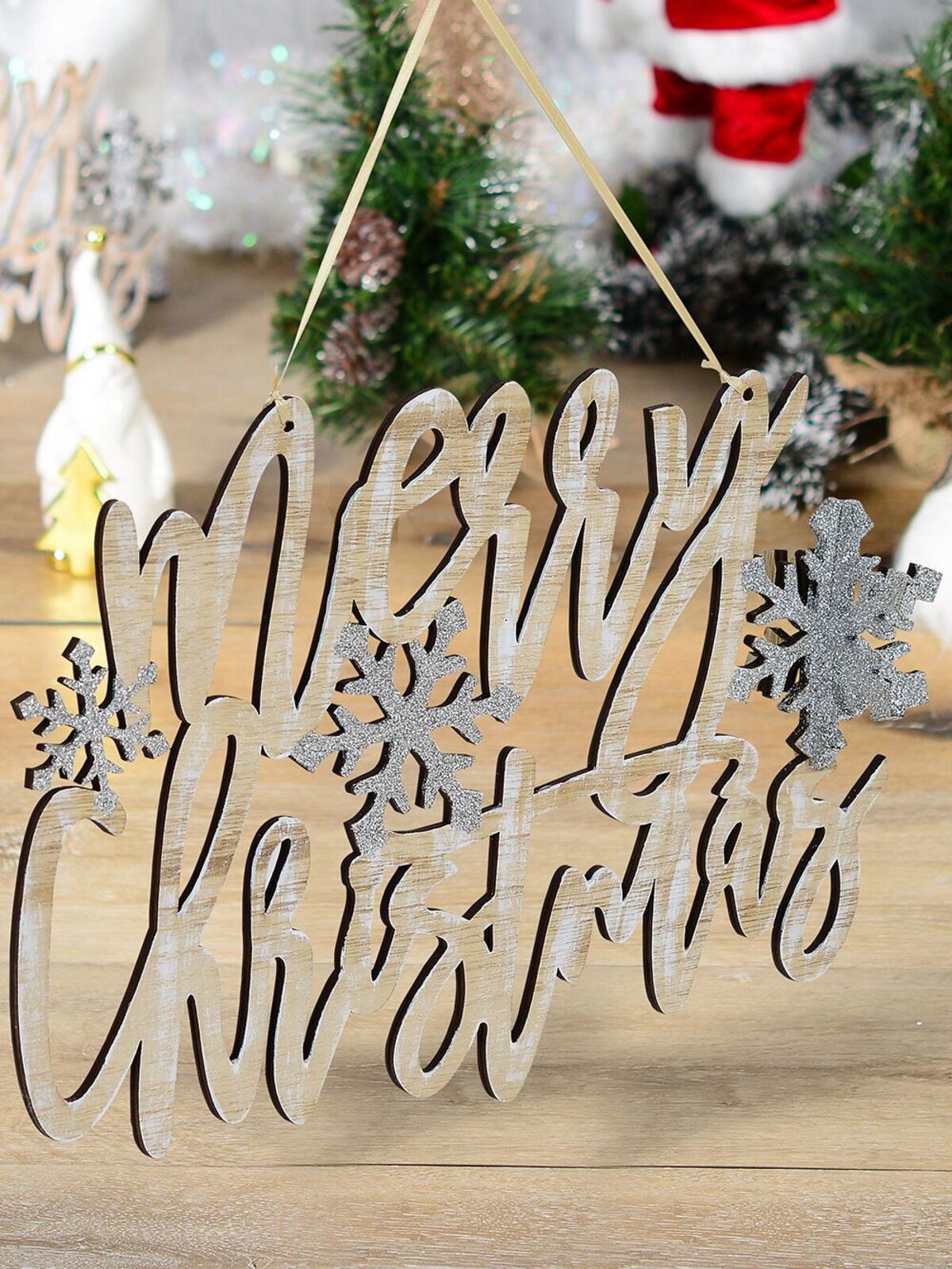 Natural Wood Hanging Merry Christmas with Silver Glittered Snowflakes - 20cm