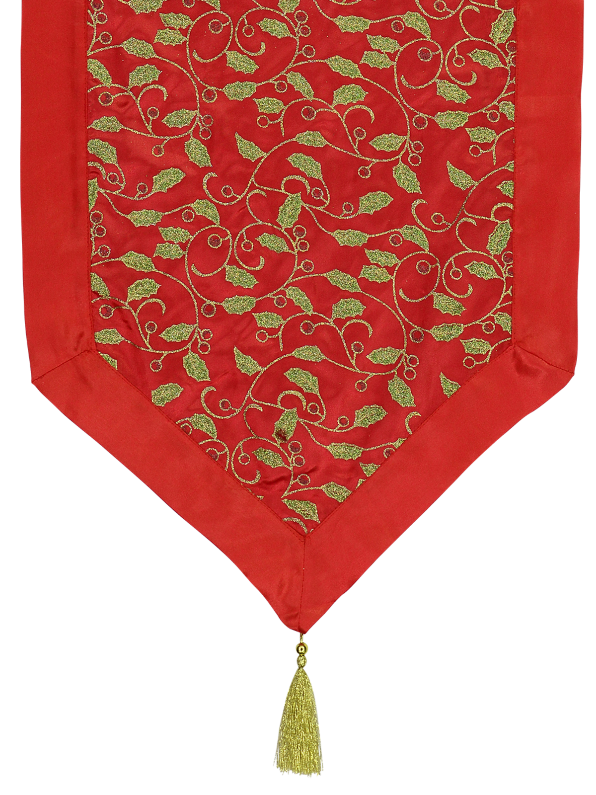 Red Christmas Table Runner With Green Holly Leaf Design &amp; Gold Tassel - 1.4m — image 2
