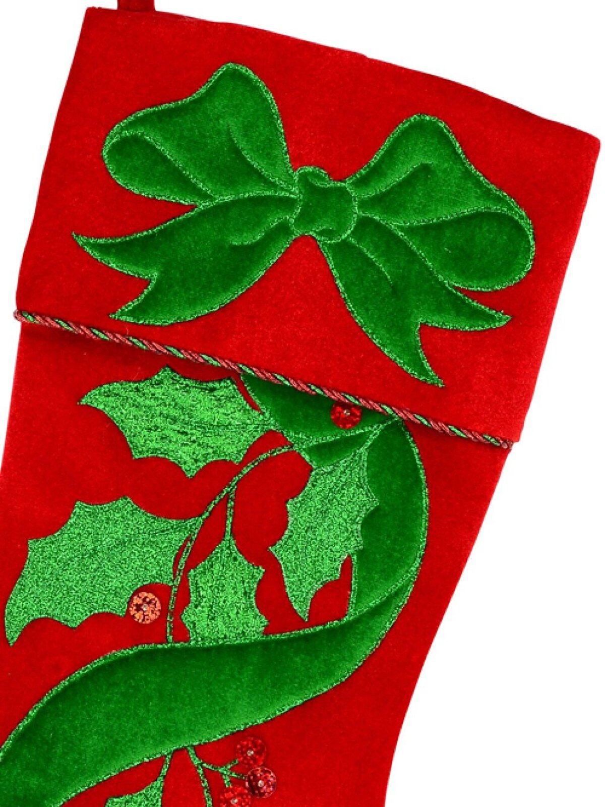Red Velvet With Green Bow & Mistletoe Applique Christmas Stocking - 48cm — image 2