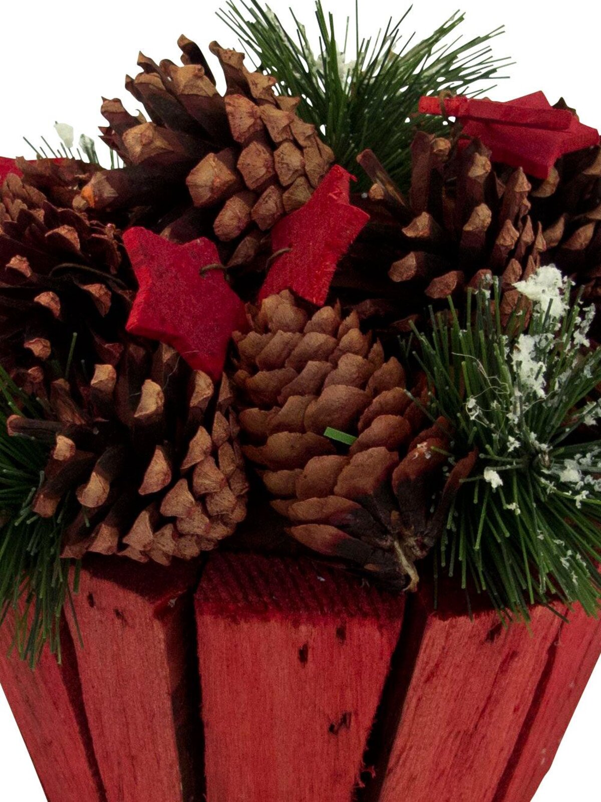 Red Wood Potted Pine Cones & Stars Table Decoration - 17cm