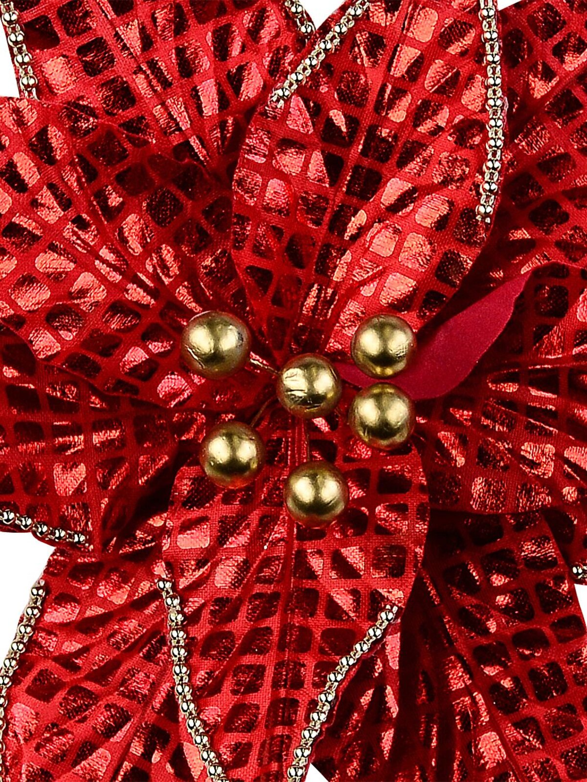 Shiny Red Grid Pattern & Gold Beads Poinsettia Christmas Tree Clip Pick | 36cm — image 3