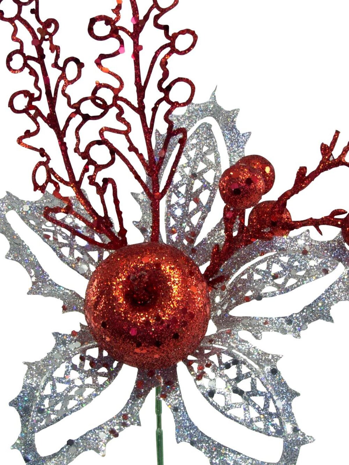 Silver & Red Poinsettia Decorative Pick With Fruit Decoration - 15cm