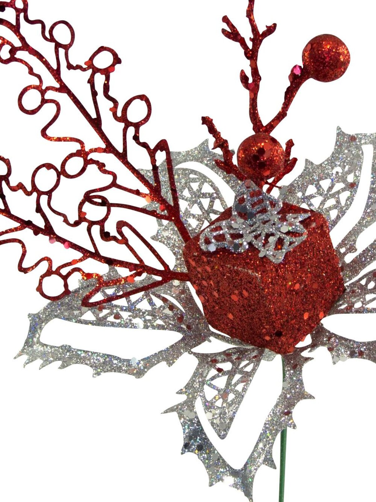 Silver & Red Poinsettia Decorative Pick With Gift Decoration - 15cm