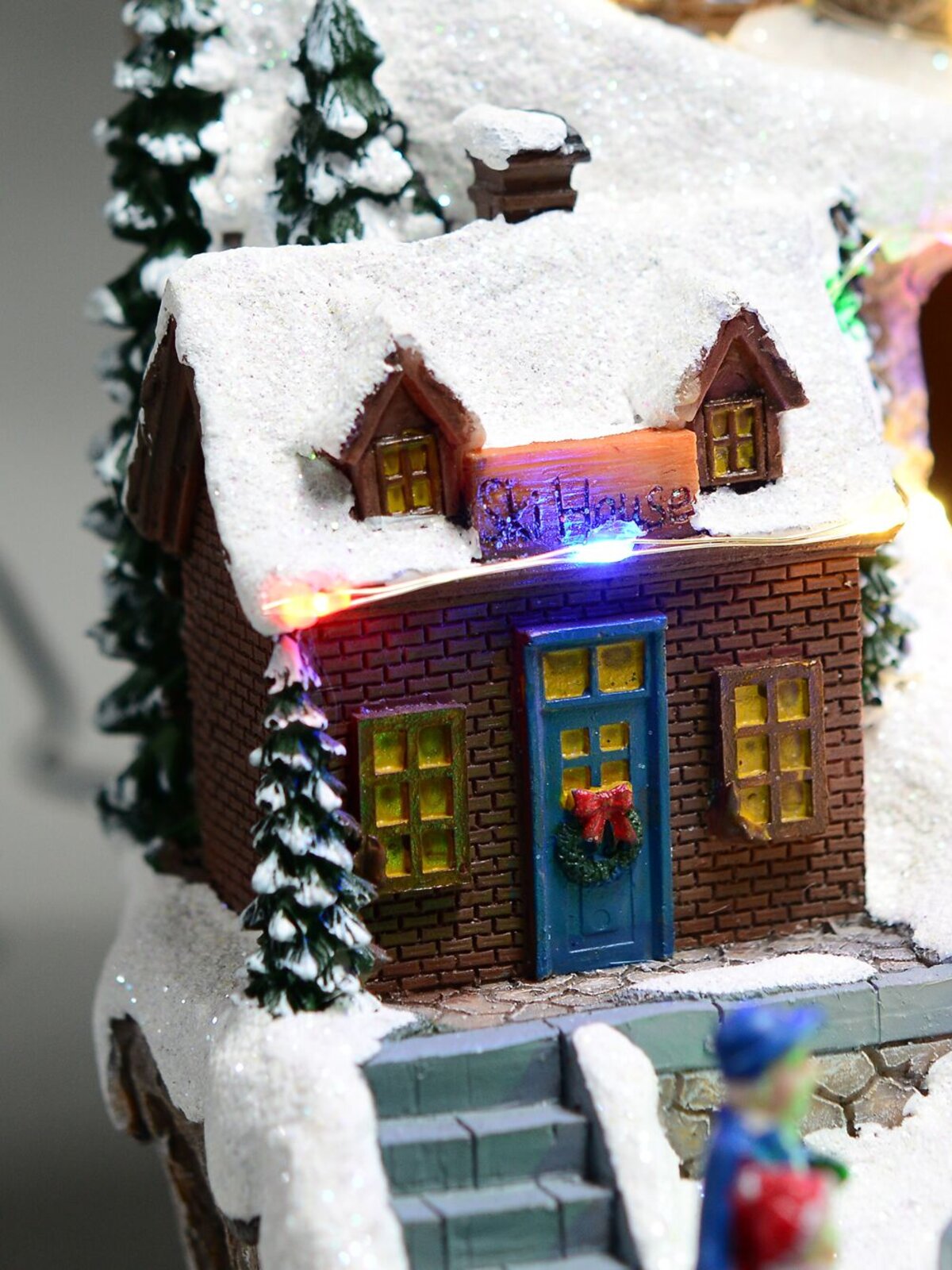Ski Mountain Village Scene with LED Lights & Moving Figures - 30cm