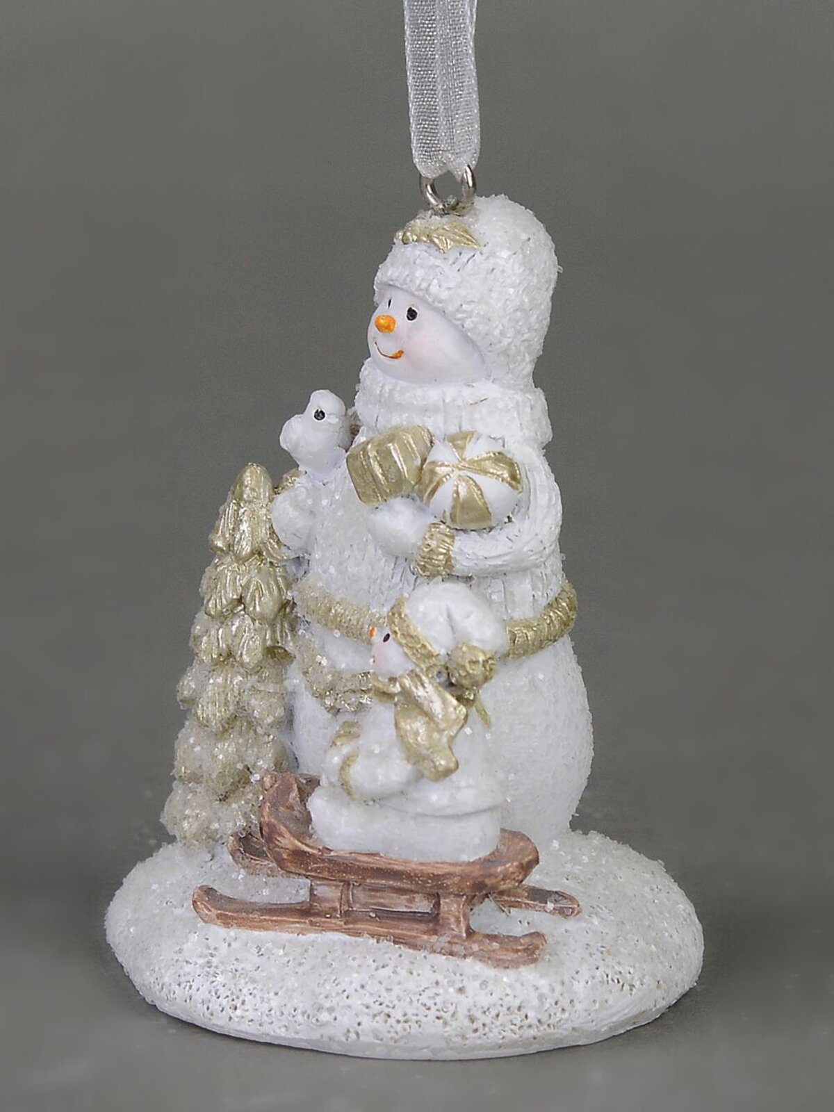 Standing Snowman with Snowchild on Sled, Hanging Ornament - 70mm