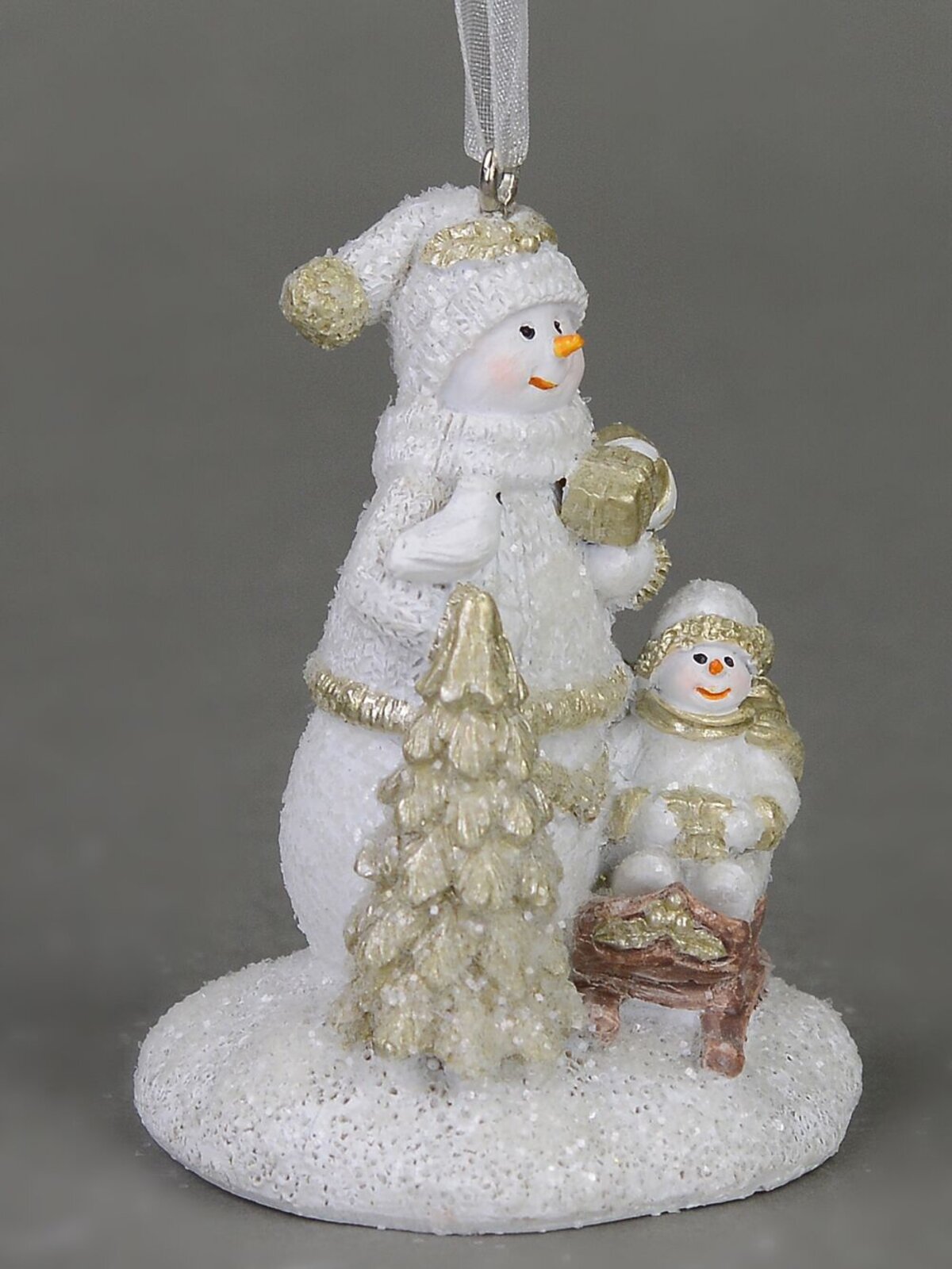 Standing Snowman with Snowchild on Sled, Hanging Ornament - 70mm