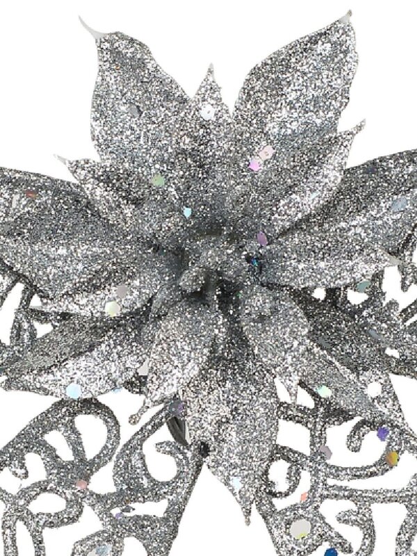 Silver Mesh Poinsettia Flower & Ribbon Christmas Bow Clip Pick | 13cm — image 3