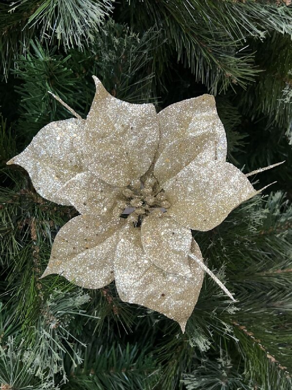 Champagne Gold Glitter Poinsettia Christmas Tree Stem Pick | 17cm — image 2