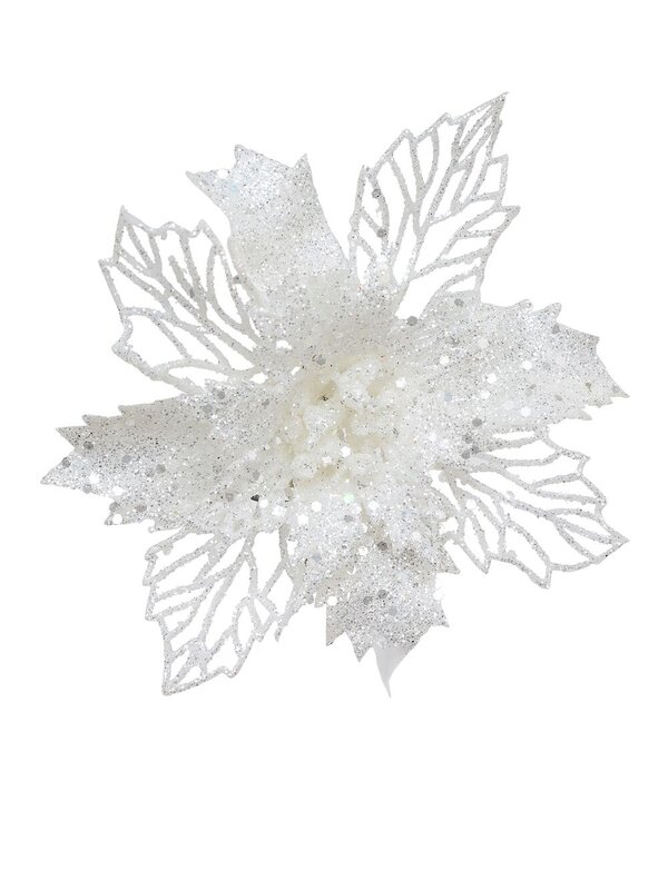 White Iridescent Glitter Poinsettia Bract & Leaf Christmas Clip Pick | 18cm — image 3