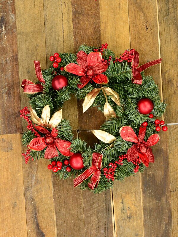 40cm Red Poinsettia Christmas Wreath With Gold Leaves, Berries & Ribbon — image 5