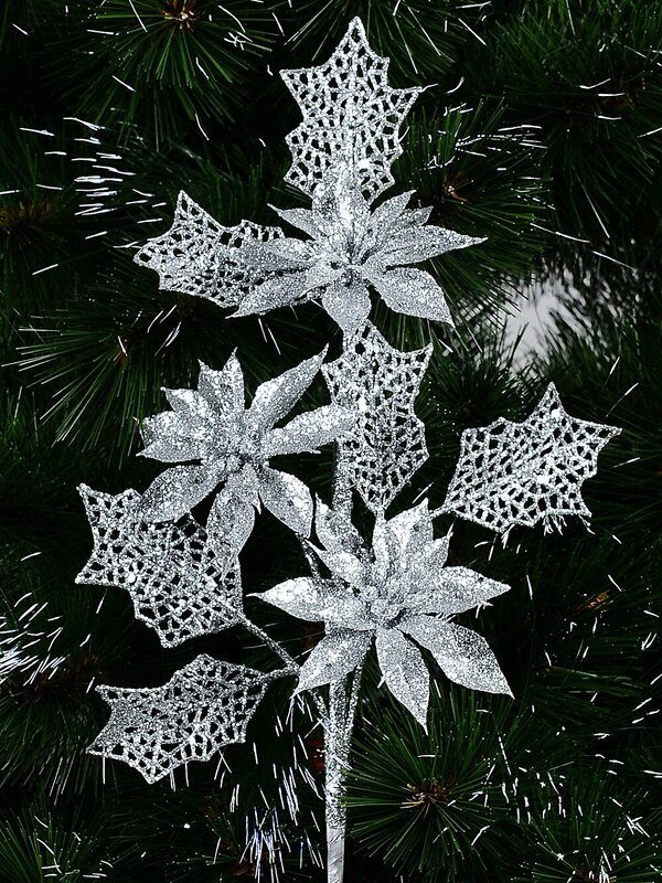 Silver Glitter Poinsettia & Filigree Leaf Spray Long Christmas Stem | 42cm — image 2