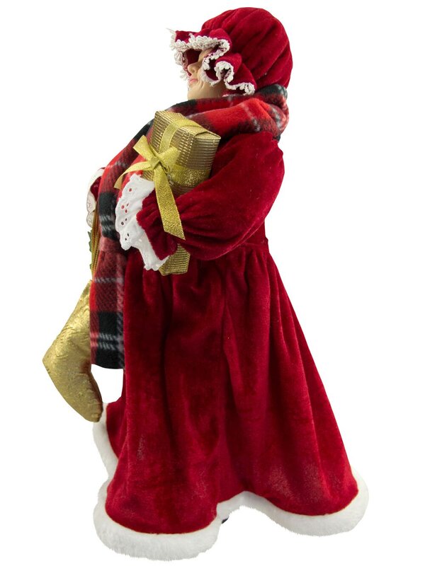 Decorative Mrs Claus With Tartan Shawl & Gifts - 46cm